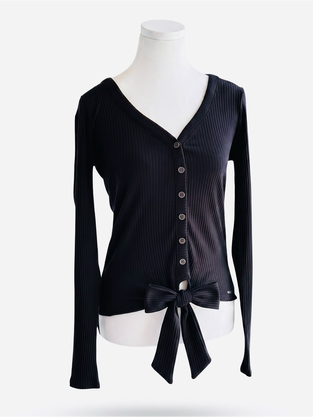 Hollister Women’s Ribbed Black Button-Front Tie Hem Top - Medium, New